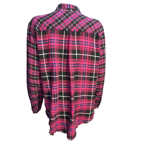 Rails Womens Plaid Button-Up Flannel Shirt Fuchsia/Black/White L Frayed Hem - Picture 2 of 10